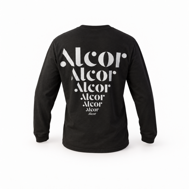 Black Alcor crewneck sweatshirt with repeated white logos